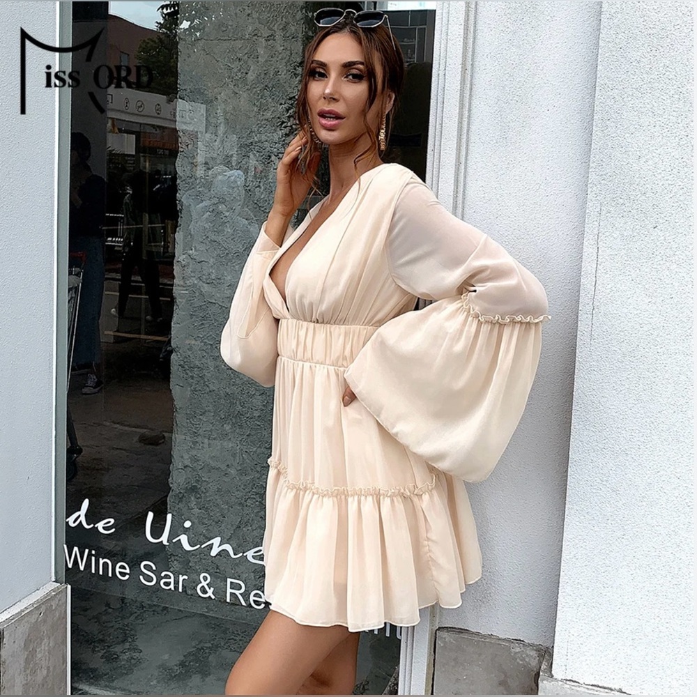Women's Dress Plunging Neck Frill Ruffle Hem Chiffon Mini Dress A-Line